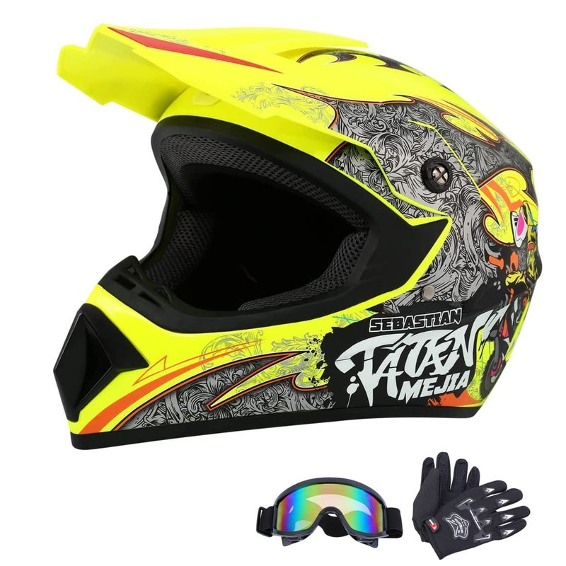 Senhill Motocross Helmet ATV Dirt Bike Helmets Off-Road Helmet with Gloves Goggles for Unisex Adult Youth DOT/FMVSS 218 Approved (Large, Yellow) - Image 1